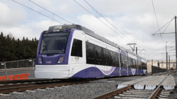 Ahead of Purple Line service launching in 2027, dynamic testing of the CAF-built light rail vehicles is under way. (Photograph Courtesy of MDOT MTA)